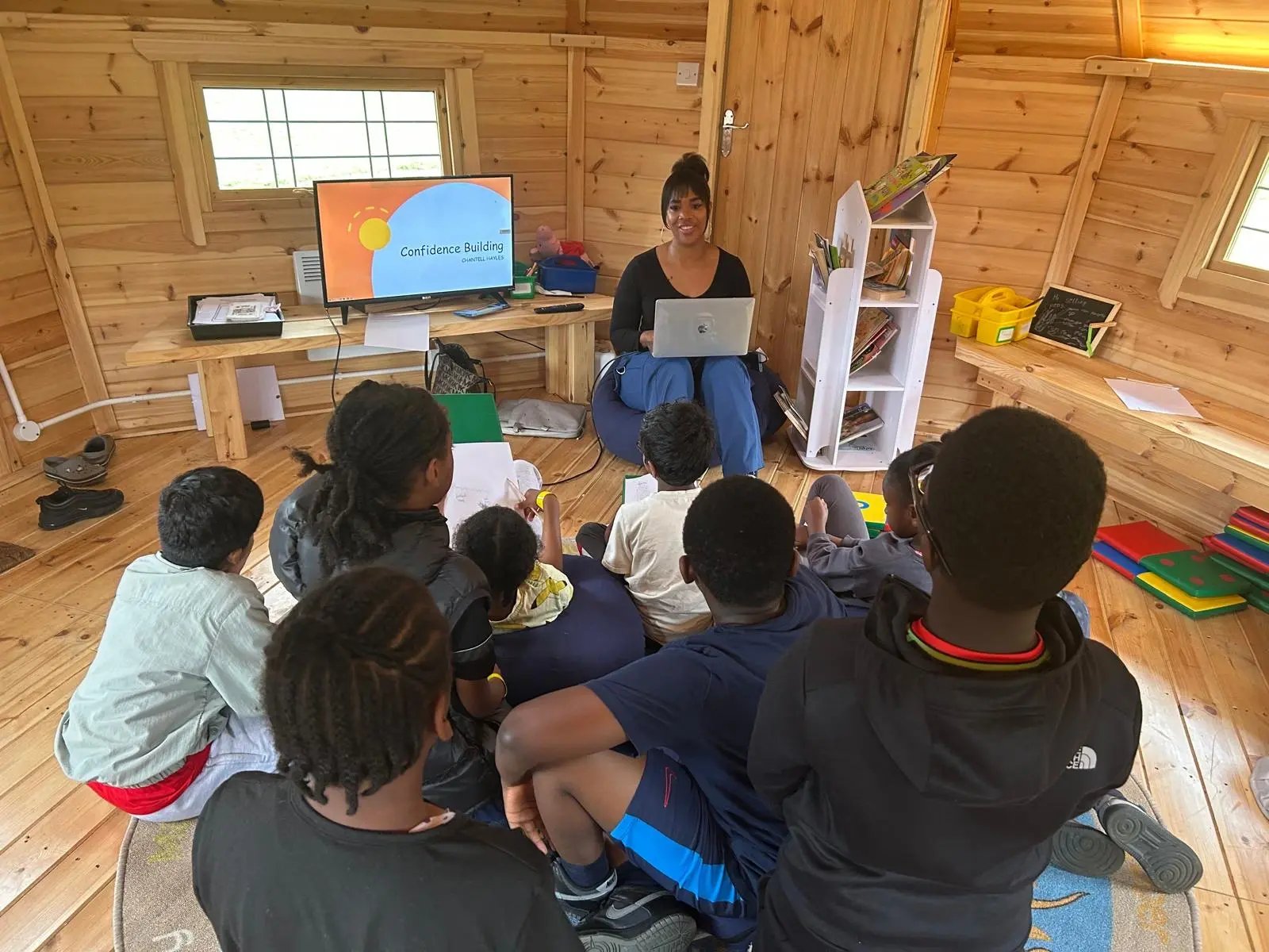 childcare activities in a log cabin