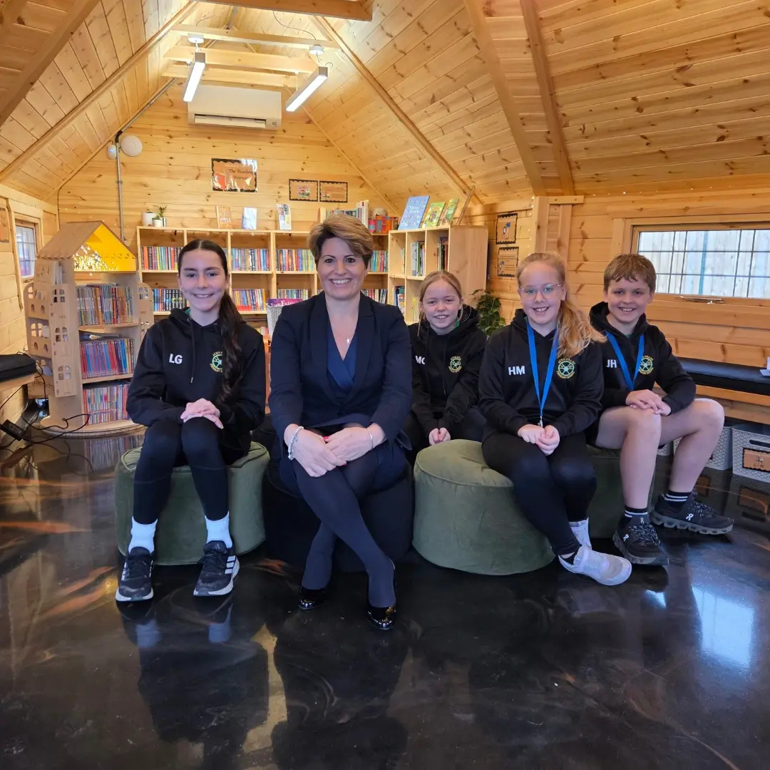Emma Hardy MP visits Acre Heads Primary's Cabins for Schools Library cabin