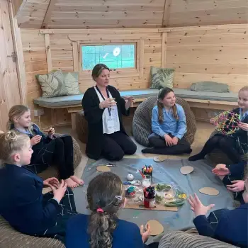 Farlington School wellbeing centre case study (connected log cabins)