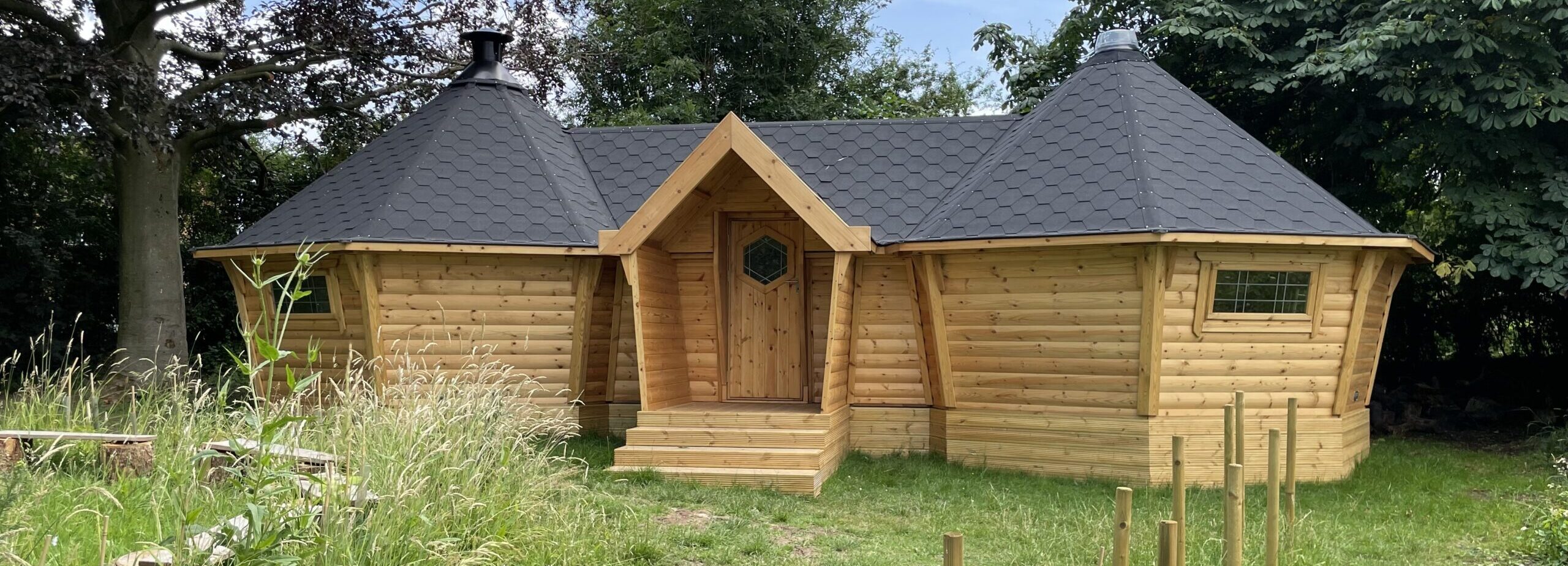 Joint cabins in Cutnall Green school by Cabin For Schools for forest learning funded by crowdfunding